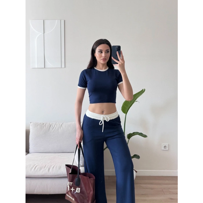 Biyeli Crop & Pantolon Takım - LACİVERT