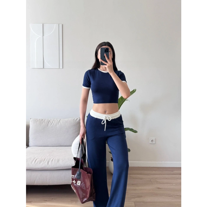 Biyeli Crop & Pantolon Takım - LACİVERT