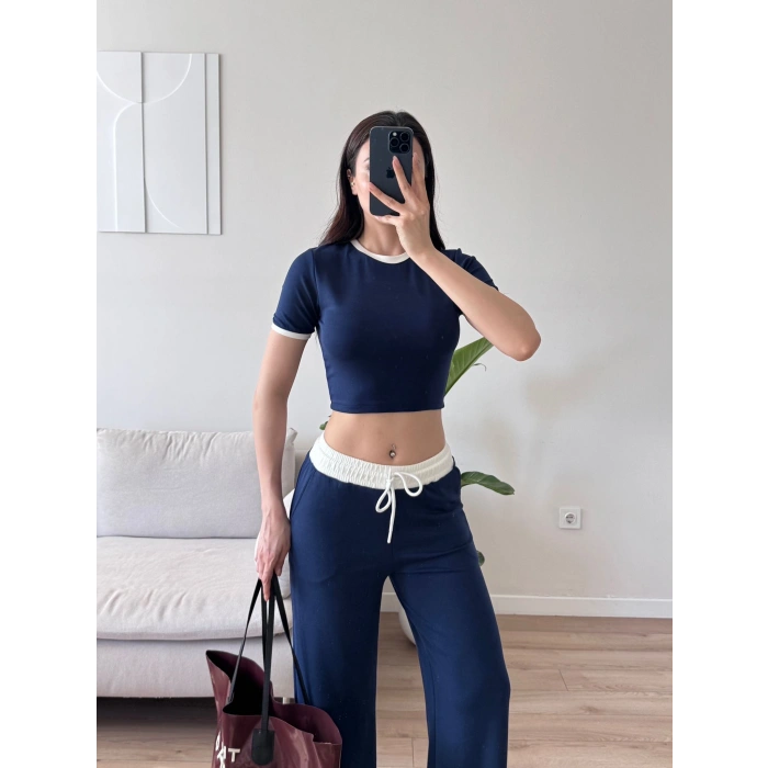 Biyeli Crop & Pantolon Takım - LACİVERT