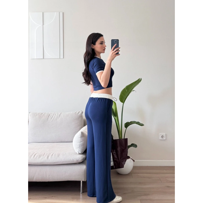 Biyeli Crop & Pantolon Takım - LACİVERT