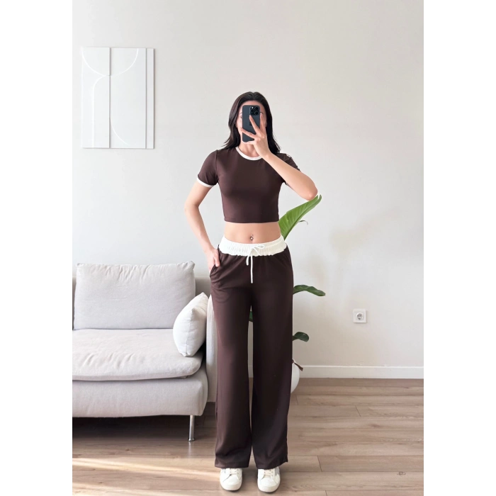 Biyeli Crop & Pantolon Takım - KAHVE