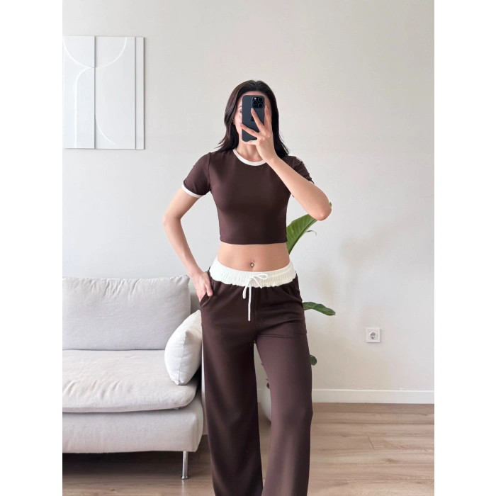 Biyeli Crop & Pantolon Takım - KAHVE