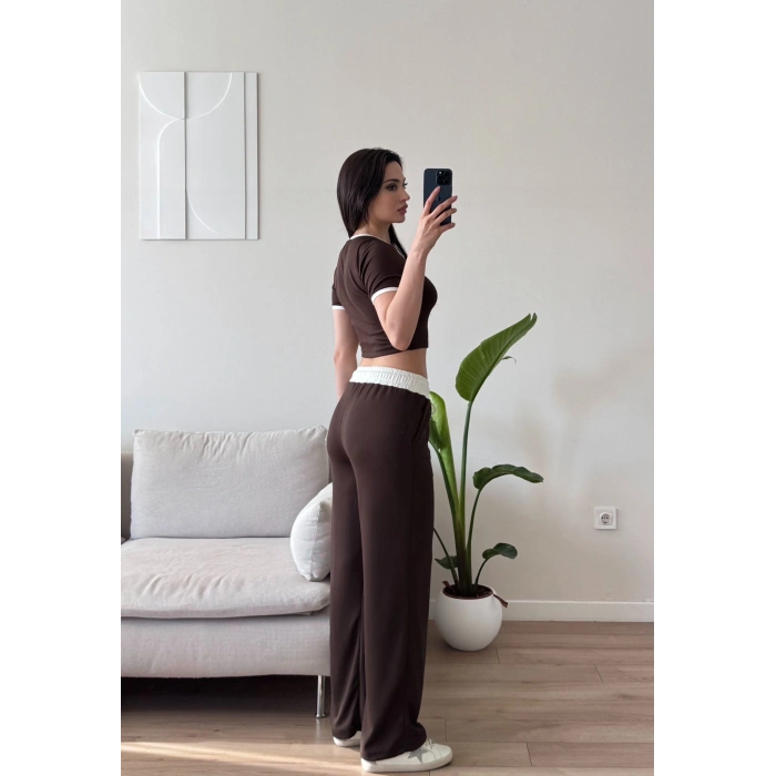 Biyeli Crop & Pantolon Takım - KAHVE