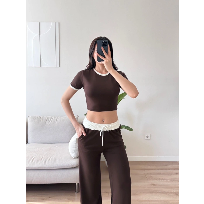 Biyeli Crop & Pantolon Takım - KAHVE