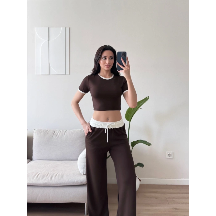 Biyeli Crop & Pantolon Takım - KAHVE