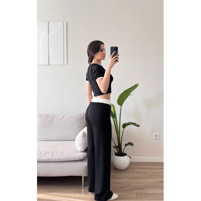 Biyeli Crop & Pantolon Takım - SİYAH