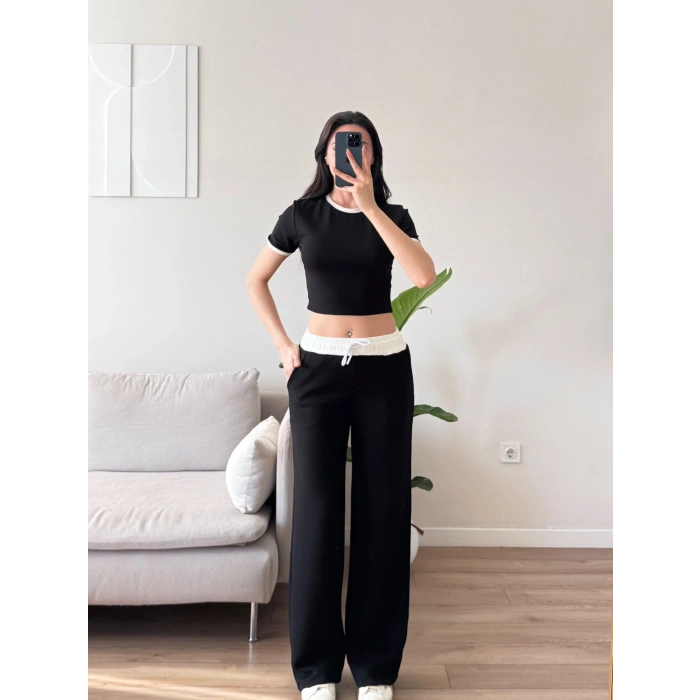 Biyeli Crop & Pantolon Takım - SİYAH