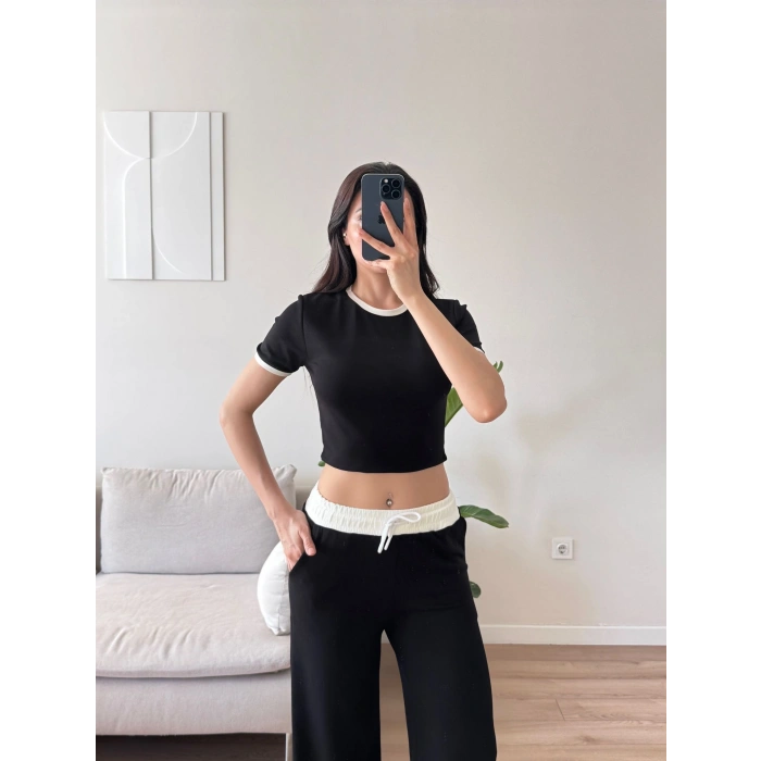 Biyeli Crop & Pantolon Takım - SİYAH