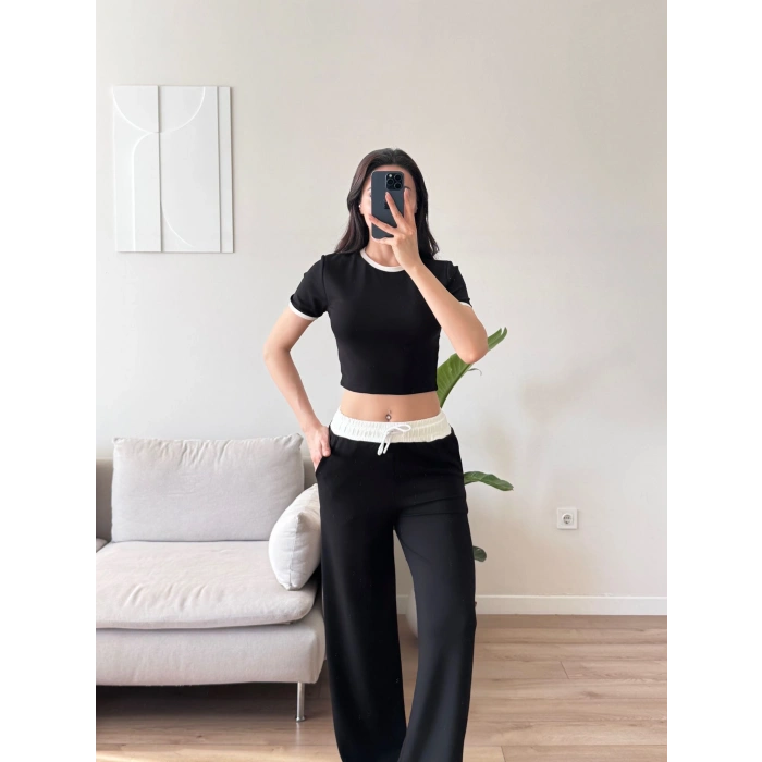 Biyeli Crop & Pantolon Takım - SİYAH