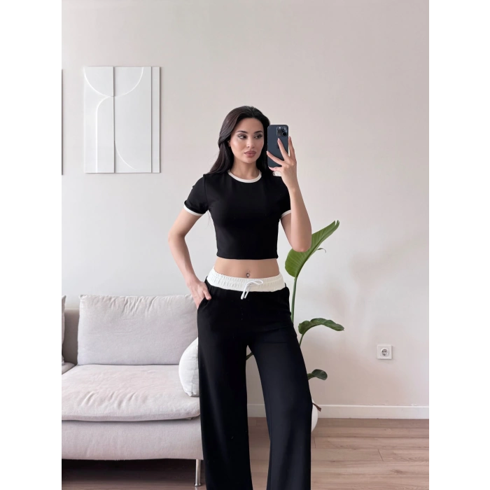 Biyeli Crop & Pantolon Takım - SİYAH