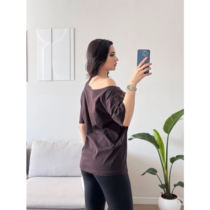 Kayık Yaka Mershi Tshirt - KAHVE