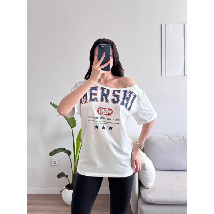 Kayık Yaka Mershi Tshirt - BEYAZ