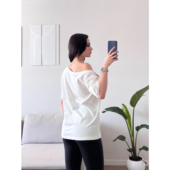 Kayık Yaka Mershi Tshirt - BEYAZ