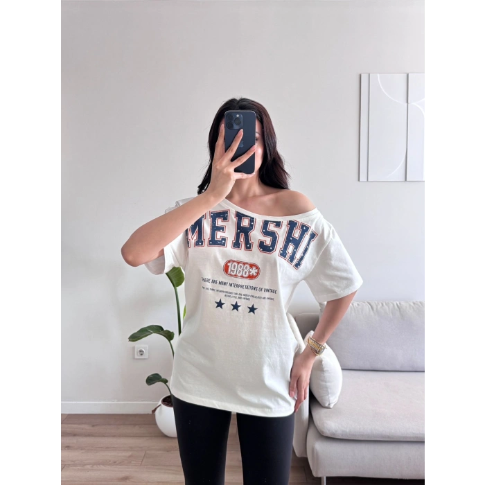 Kayık Yaka Mershi Tshirt - BEYAZ