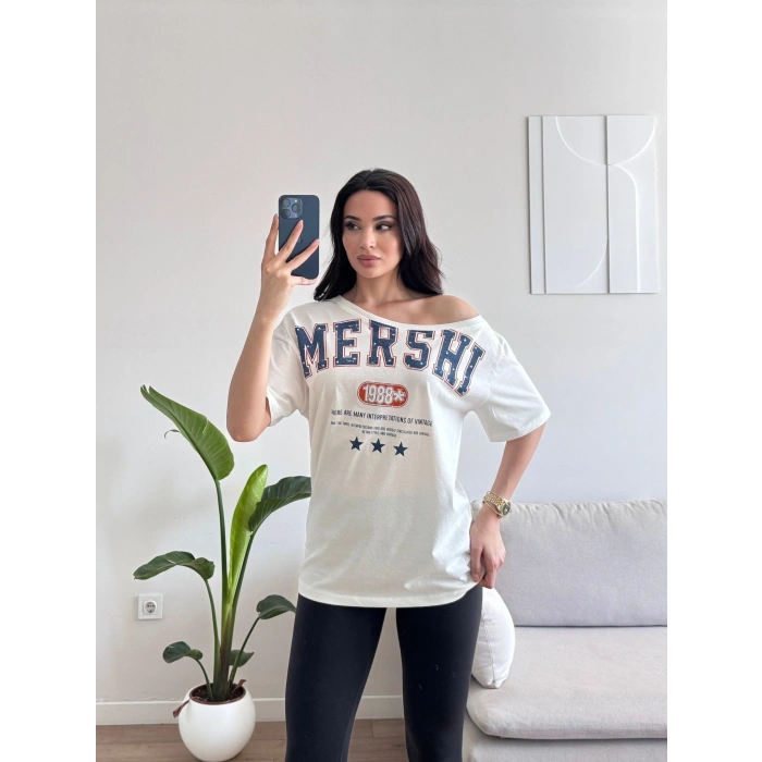 Kayık Yaka Mershi Tshirt - BEYAZ
