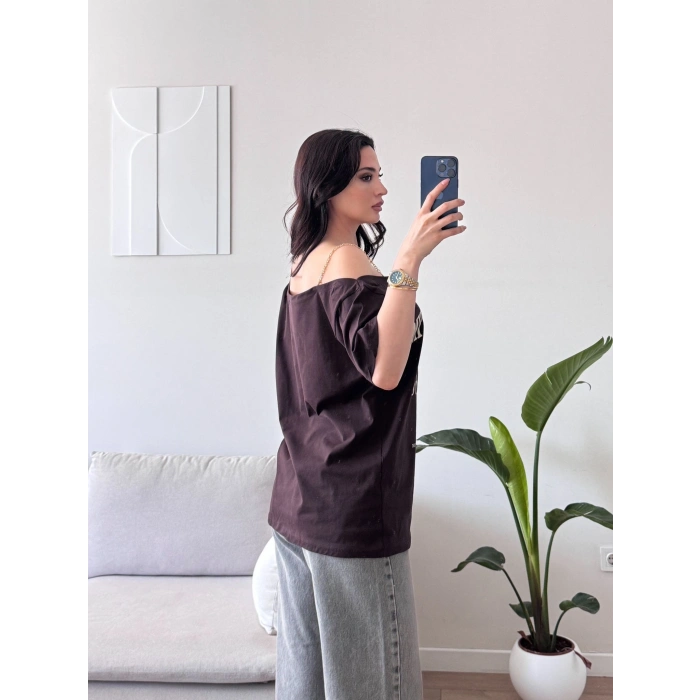 Düşük Omuz Oversize Tshirt - KAHVE