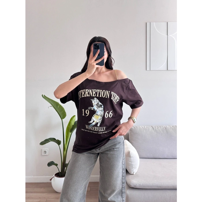 Düşük Omuz Oversize Tshirt - KAHVE