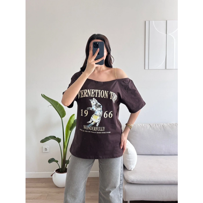 Düşük Omuz Oversize Tshirt - KAHVE
