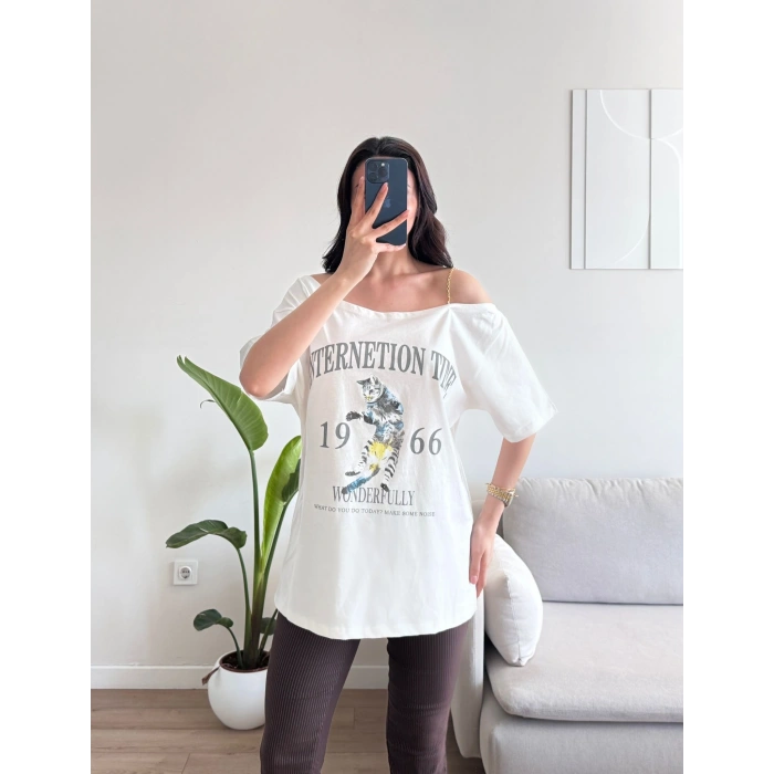 Düşük Omuz Oversize Tshirt - BEYAZ