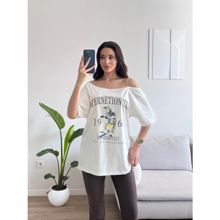 Düşük Omuz Oversize Tshirt - BEYAZ