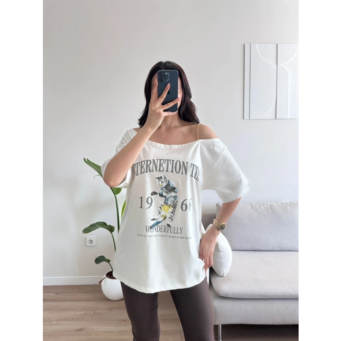 Düşük Omuz Oversize Tshirt - BEYAZ