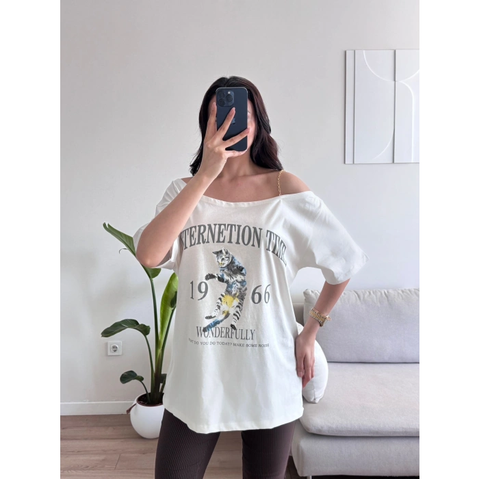 Düşük Omuz Oversize Tshirt - BEYAZ