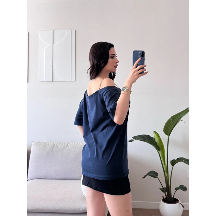 Düşük Omuz Oversize Tshirt - LACİVERT