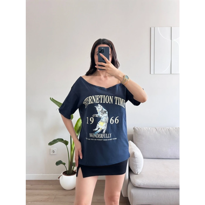 Düşük Omuz Oversize Tshirt - LACİVERT