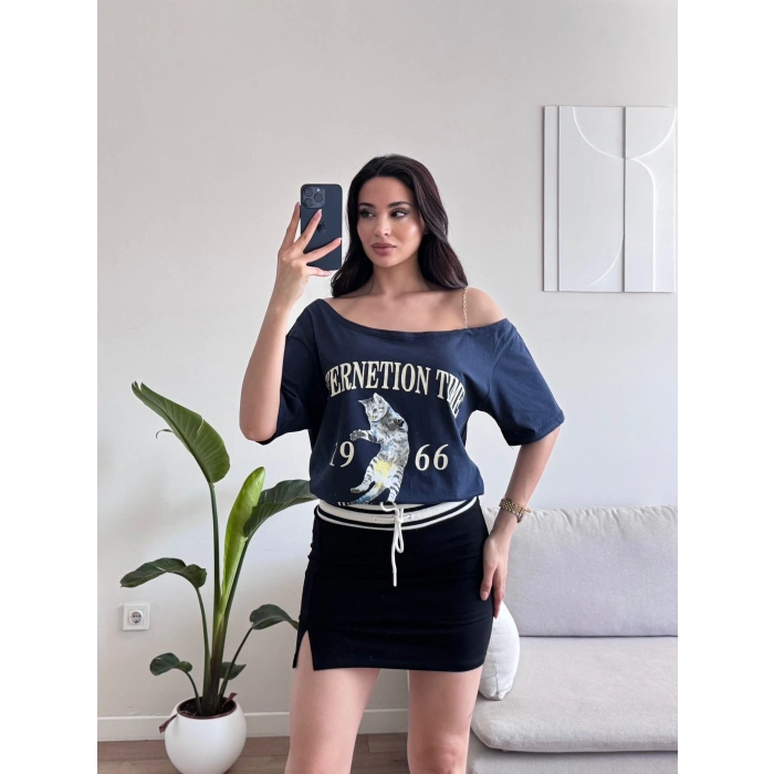 Düşük Omuz Oversize Tshirt - LACİVERT