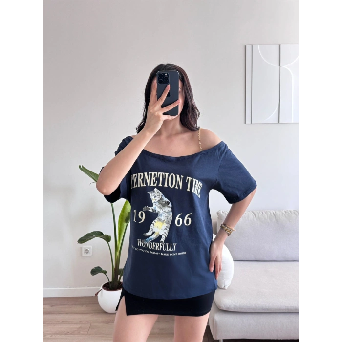 Düşük Omuz Oversize Tshirt - LACİVERT