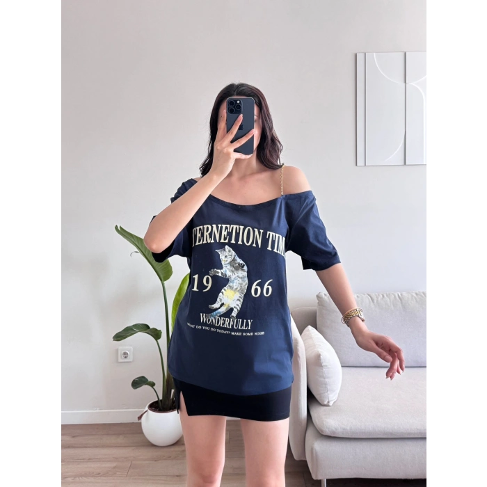 Düşük Omuz Oversize Tshirt - LACİVERT