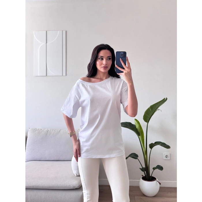 Kayık Yaka Oversize Tshirt - BEYAZ