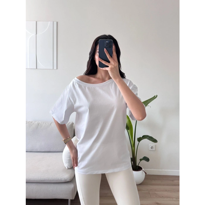 Kayık Yaka Oversize Tshirt - BEYAZ