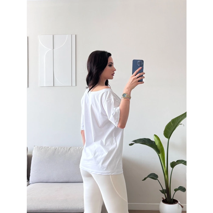 Kayık Yaka Oversize Tshirt - BEYAZ