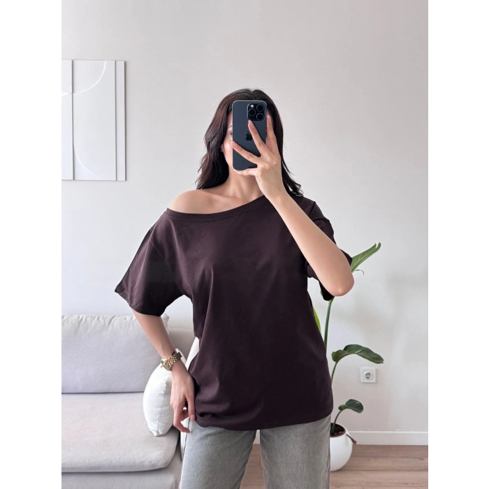 Kayık Yaka Oversize Tshirt - KAHVE