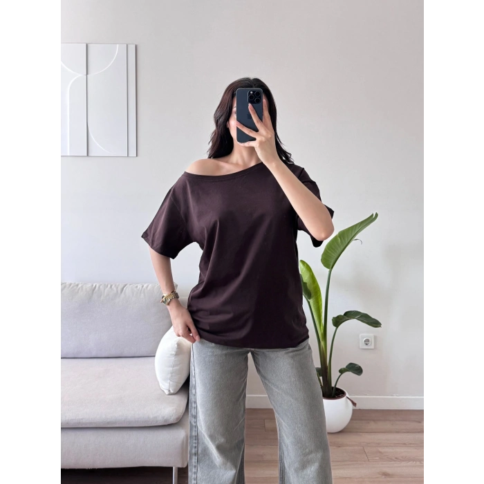 Kayık Yaka Oversize Tshirt - KAHVE