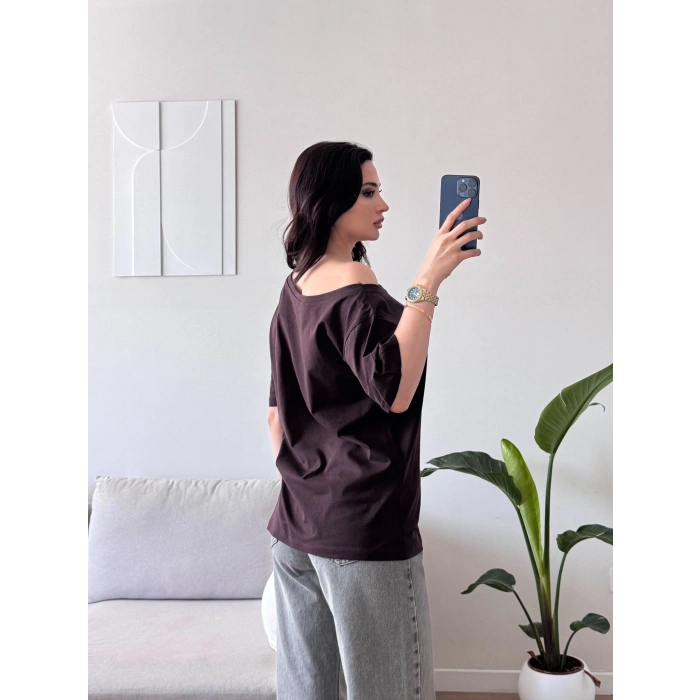 Kayık Yaka Oversize Tshirt - KAHVE