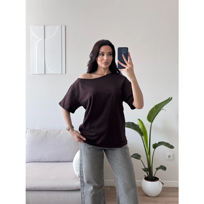 Kayık Yaka Oversize Tshirt - KAHVE