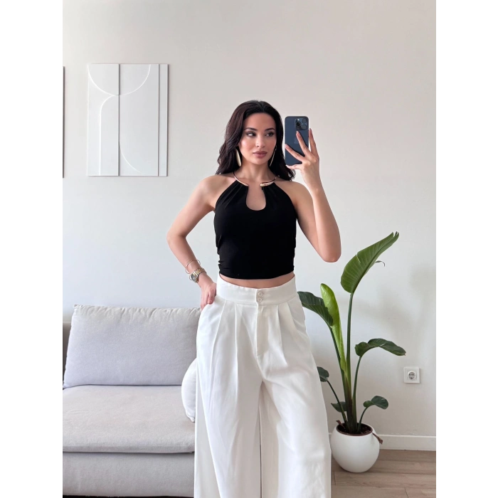 Boyun Aksesuar Bağlamalı Crop - SİYAH