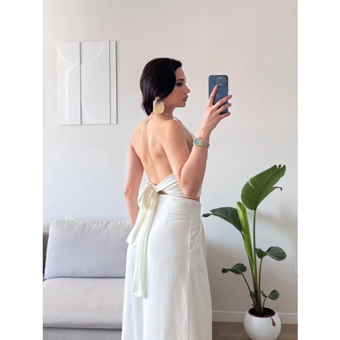 Boyun Aksesuar Bağlamalı Crop - BEYAZ