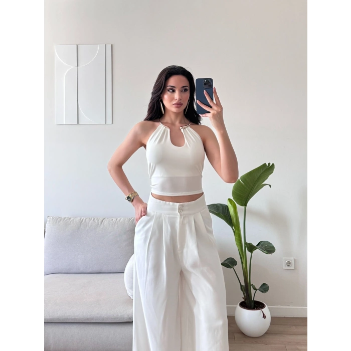 Boyun Aksesuar Bağlamalı Crop - BEYAZ