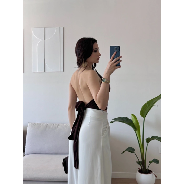 Boyun Aksesuar Bağlamalı Crop - KAHVE