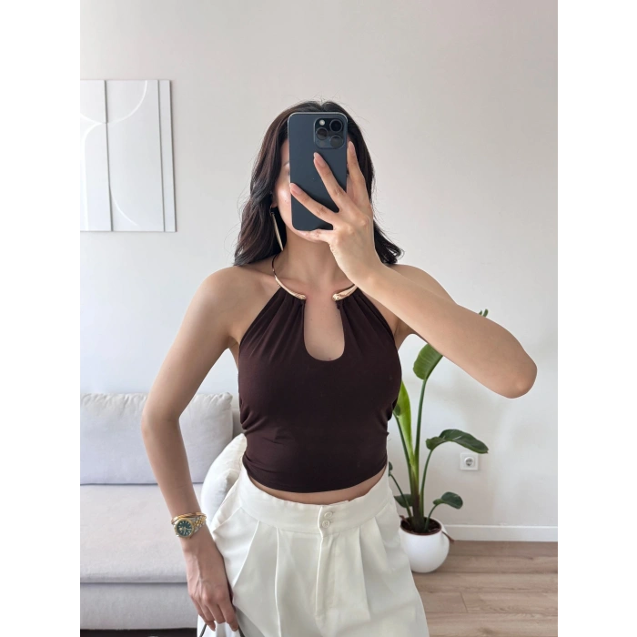 Boyun Aksesuar Bağlamalı Crop - KAHVE