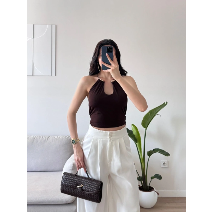 Boyun Aksesuar Bağlamalı Crop - KAHVE