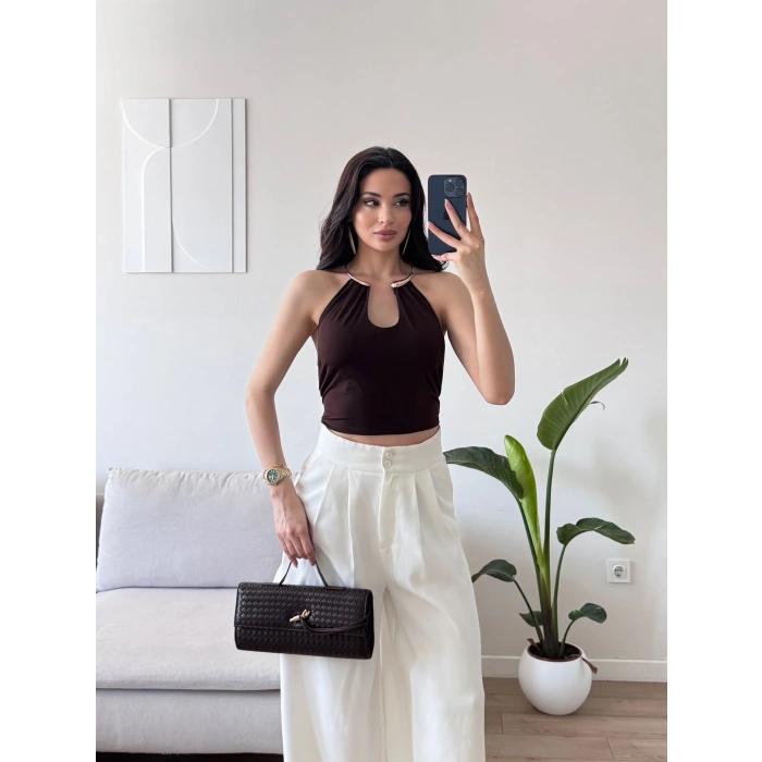 Boyun Aksesuar Bağlamalı Crop - KAHVE