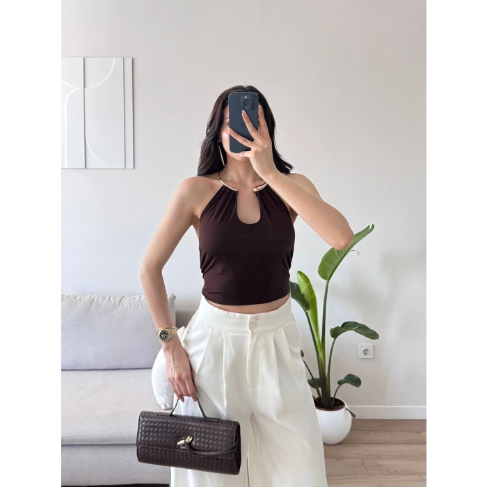 Boyun Aksesuar Bağlamalı Crop - KAHVE