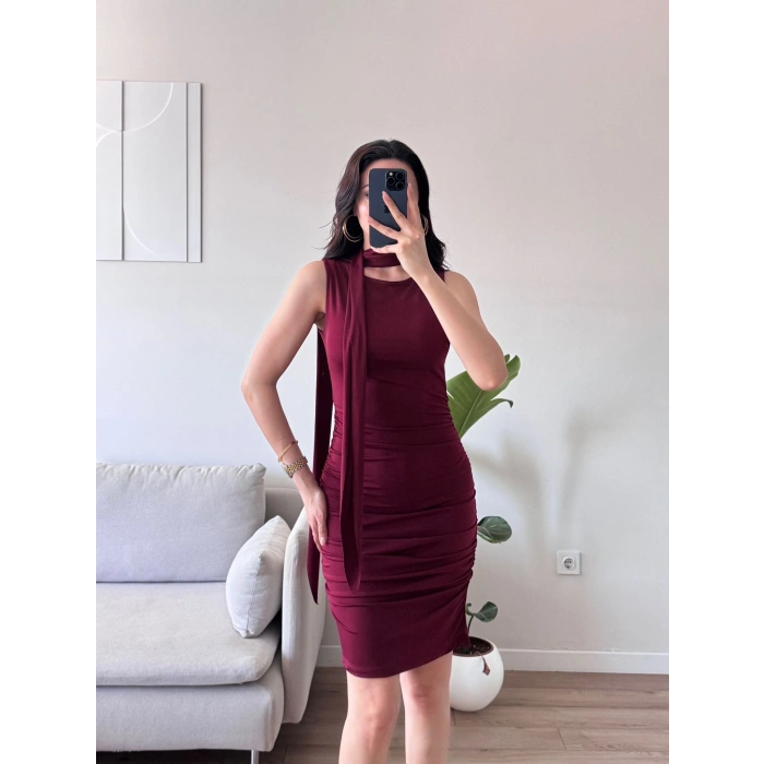 Kuşaklı Sandy Elbise - BORDO