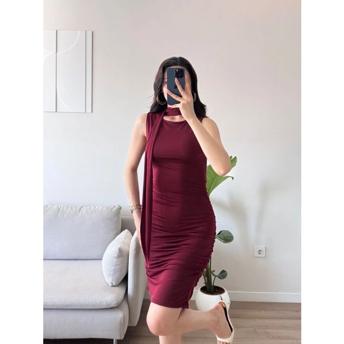Kuşaklı Sandy Elbise - BORDO