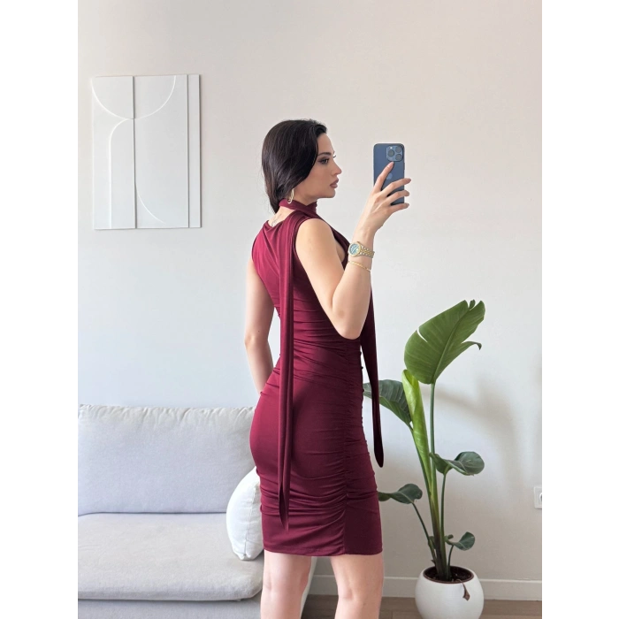 Kuşaklı Sandy Elbise - BORDO