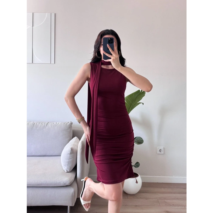 Kuşaklı Sandy Elbise - BORDO